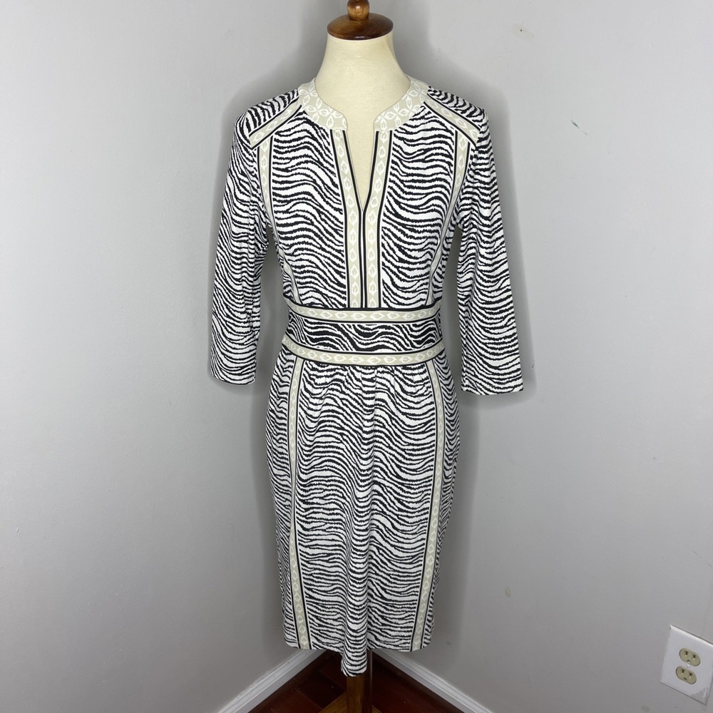 J. McLaughlin 3/4 Sleeve Black White‎ Zebra Print Catalina Cloth Dress Small S